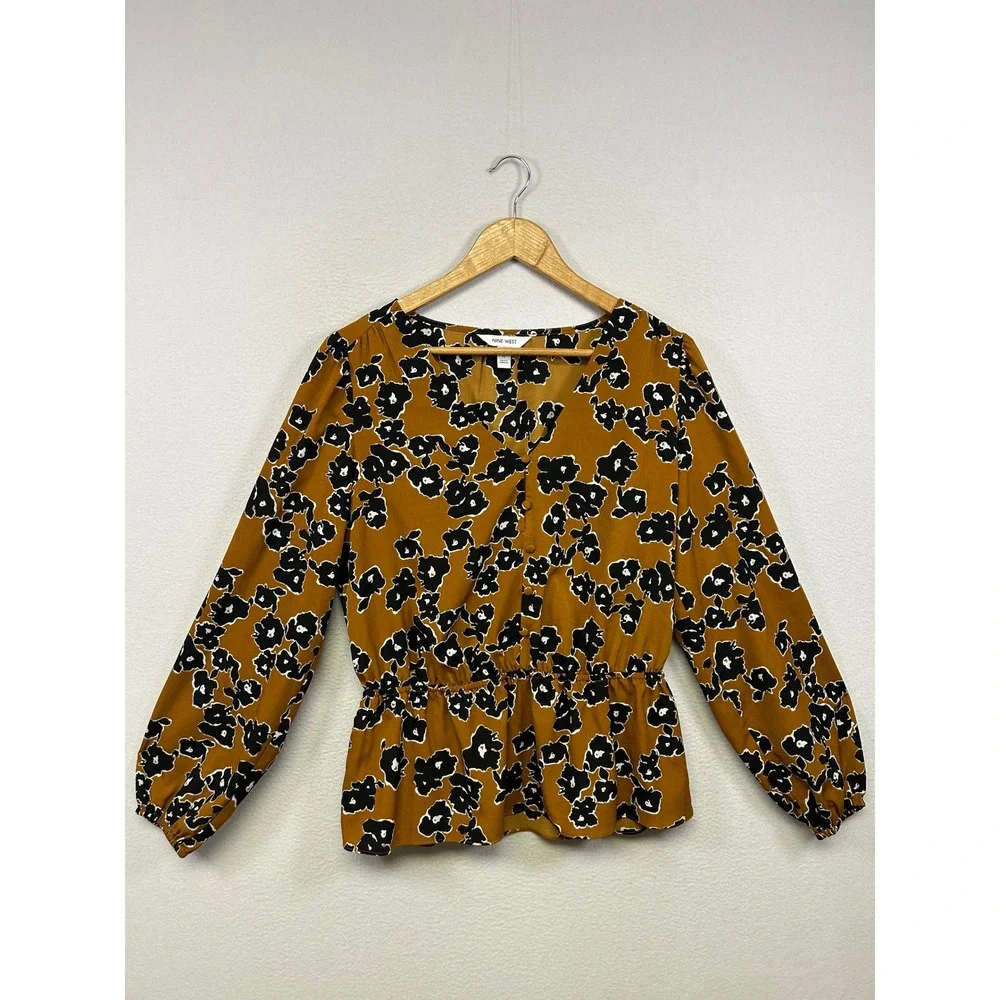 Nine West Floral Peplum Mustard Yellow Womens Medium Long Sleeve V-Neck Blouse